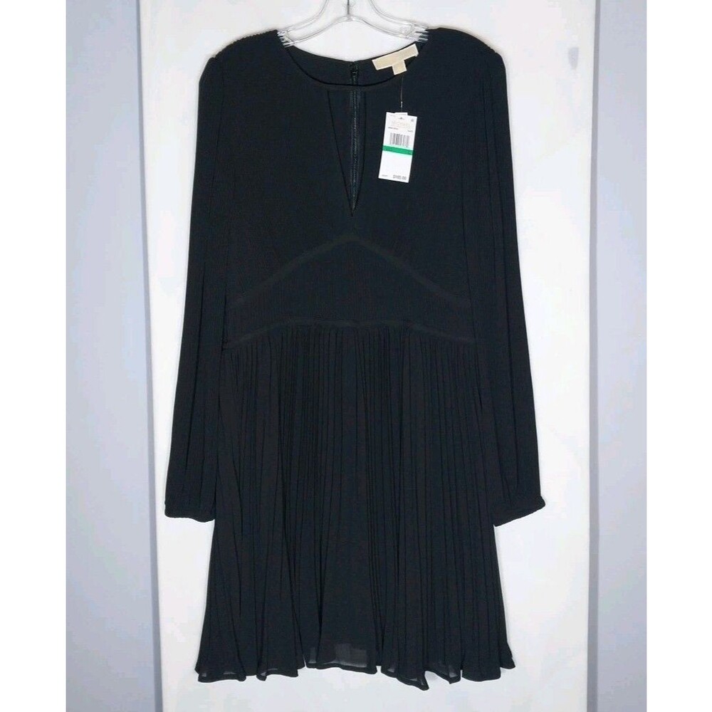 Michael Michael Kors Black Pleated Dress Long Sleeve V Neck L NWT $185